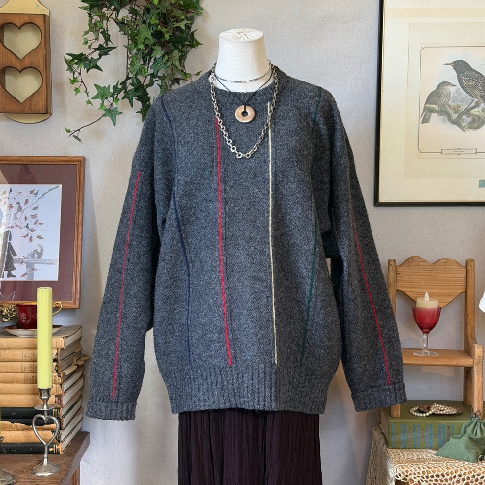 Gray Striped Wool Sweater Oversized Indie Grunge Granola XL Retro Funky Academia